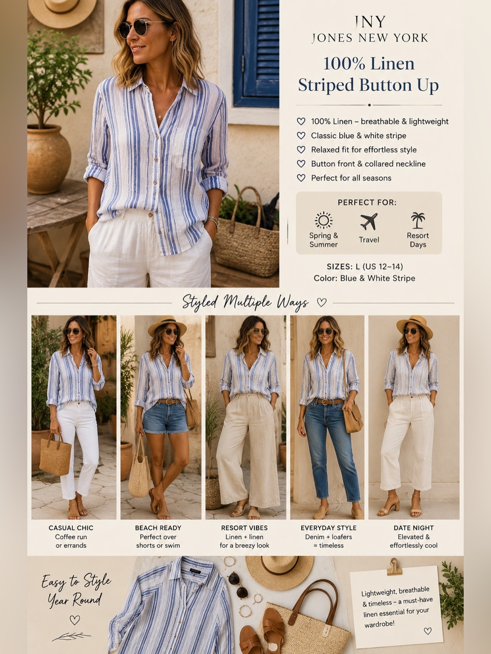 JNY Jones New York 100% Linen Blue White Striped Button Up Shirt Large - Picture 2 of 9